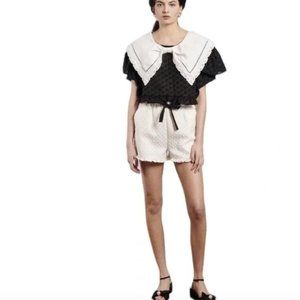 Sister Jane Sheer Spiral Bay Ruffle Crop Top Black/White M+ Medium